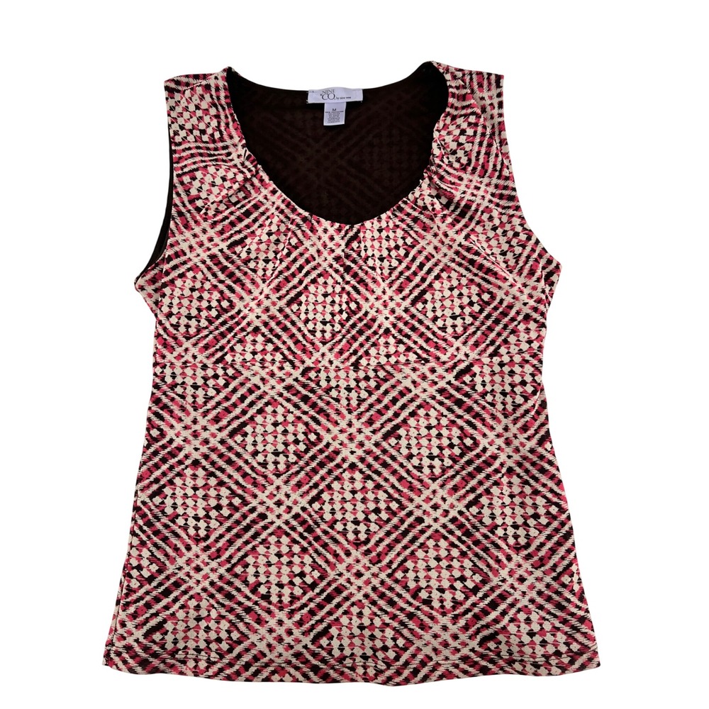 Nine & Co Nine West y2k Pink Brown Geometric Mesh Tank Top‎ Scoop Neck Size M
